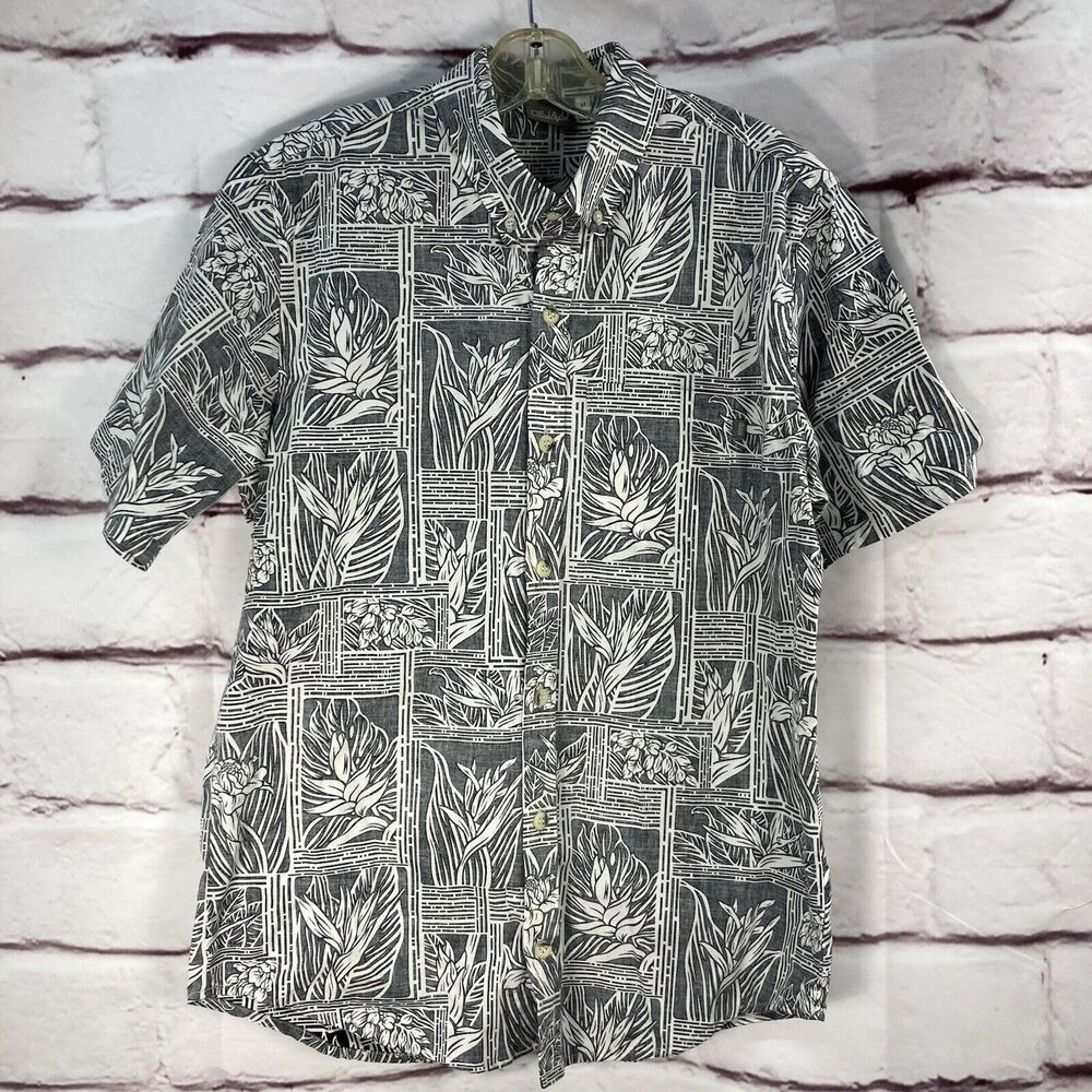DejaVu Mens Shirt SZ M Hawaiian Short Sleeve Cotton Black White Floral Cotton